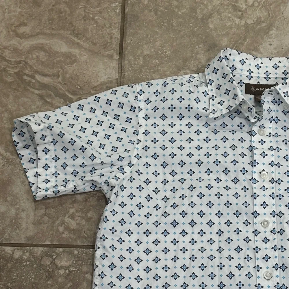 Ariat Boys Perseus CAV Short Sleeve Button Down Shirt Blue White XL 18 10042695